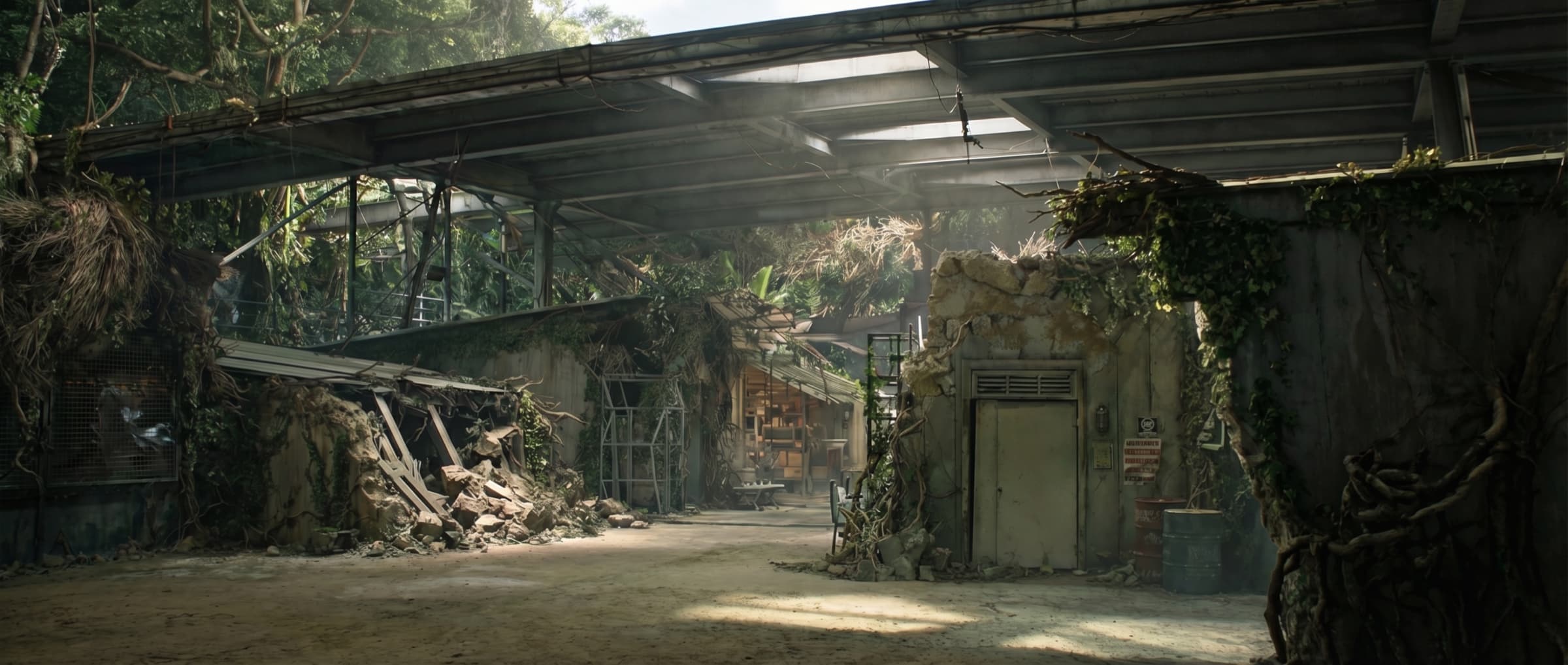 An abandoned building reclaimed by the island